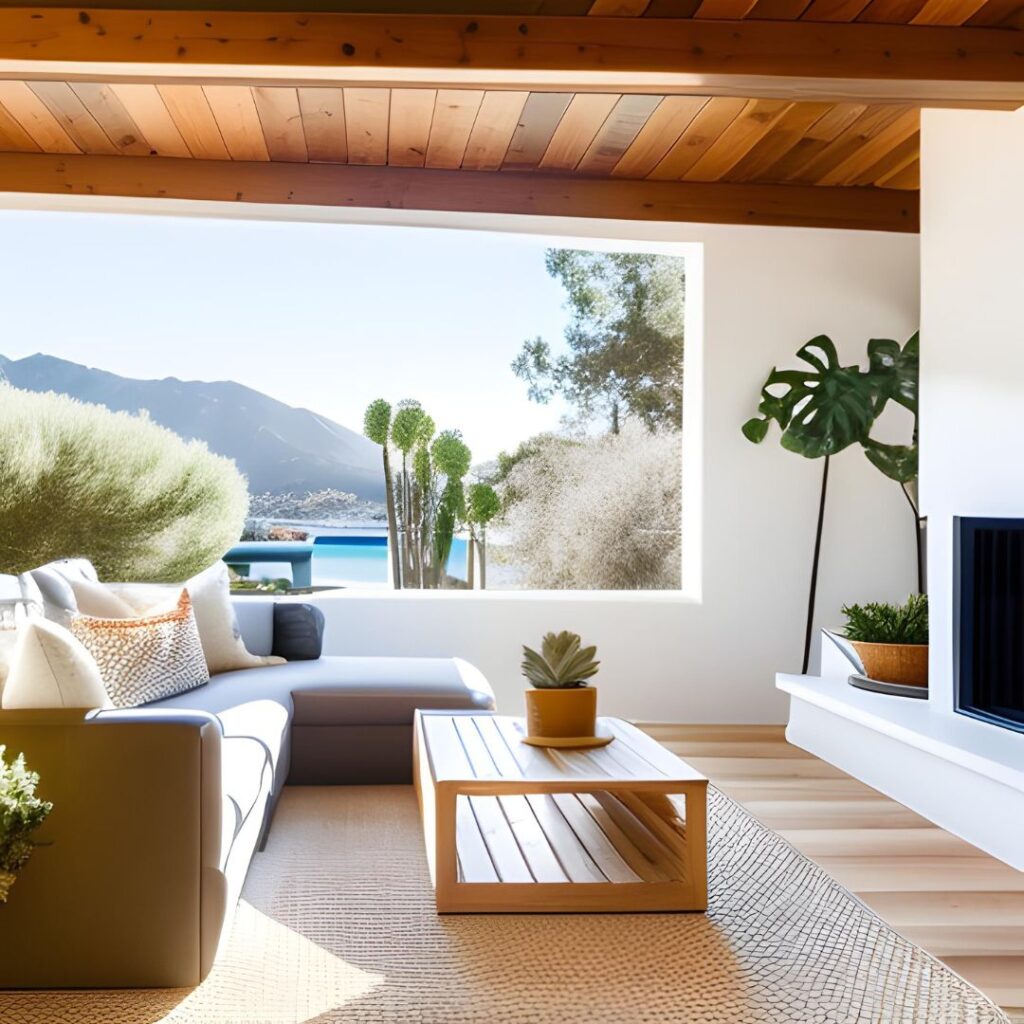 Califnornia Cool outdoor space with white walls, open sculptured picture window frames and light wood tones