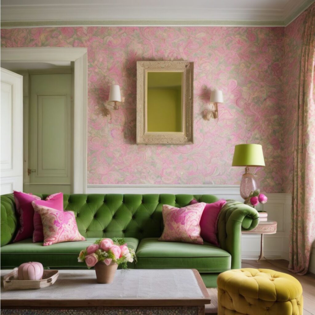 Pink walls, green velvet sofa and mustard ottoman in maximalist living room