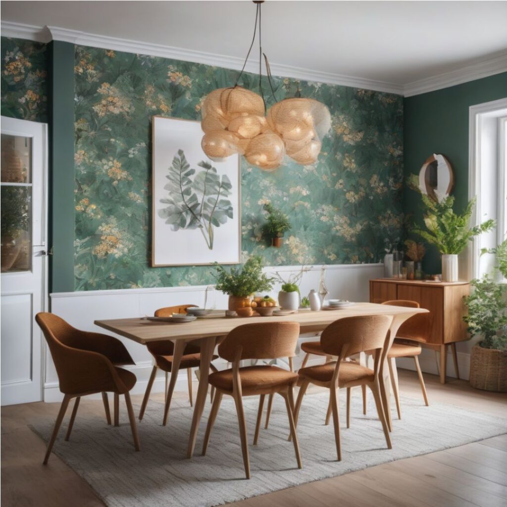 Maximalist Dining Room with Green Floral wallpaper