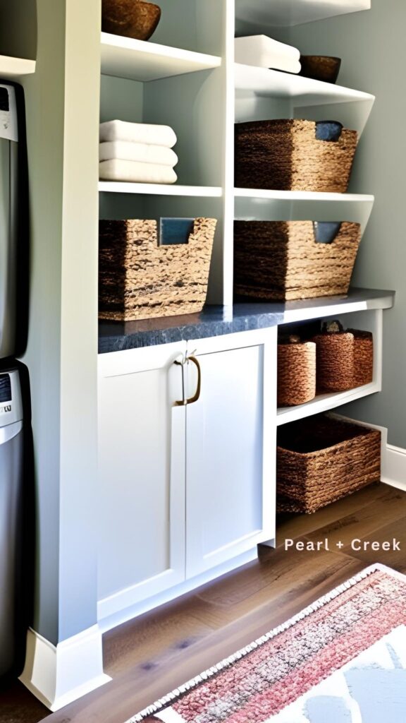 Light gray walls with white lower cabinets and open upper shelving 
 and wood floors. Open shelving and wicker baskets add more storage.