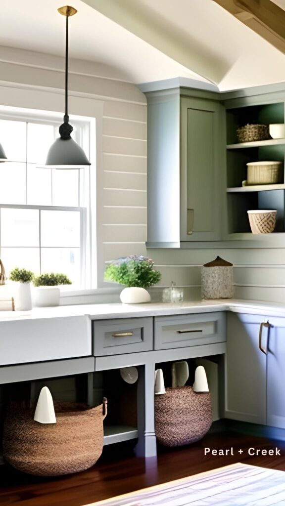 White shiplap walls with gray lower cabinests and sea green upper cabinets witha farmhouse sink and wood floors. Open shelving and wicker baskets add more storage.