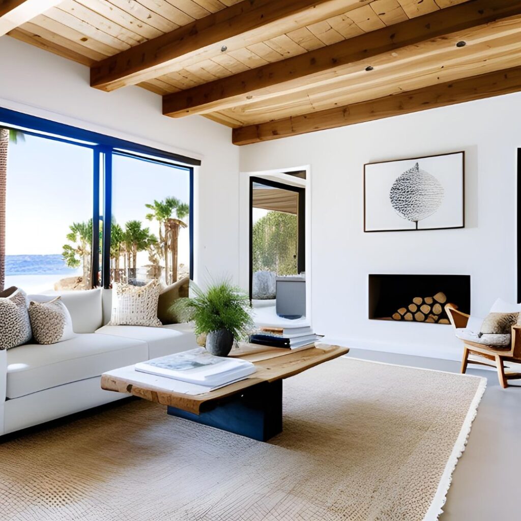 California Cool living room with white walls, black window frames and light wood tones