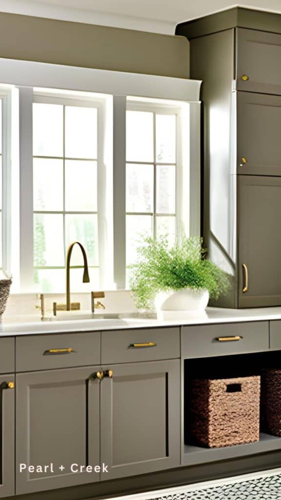 White window frames are surrounded with taupe / gray lower  and upper cabinets with a farmhouse sink and wood floors. Wicker baskets add more storage.