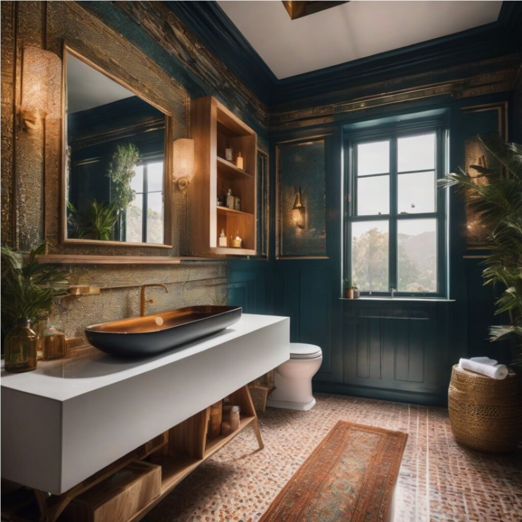 maximalist bathroom with blue walls and copper accents