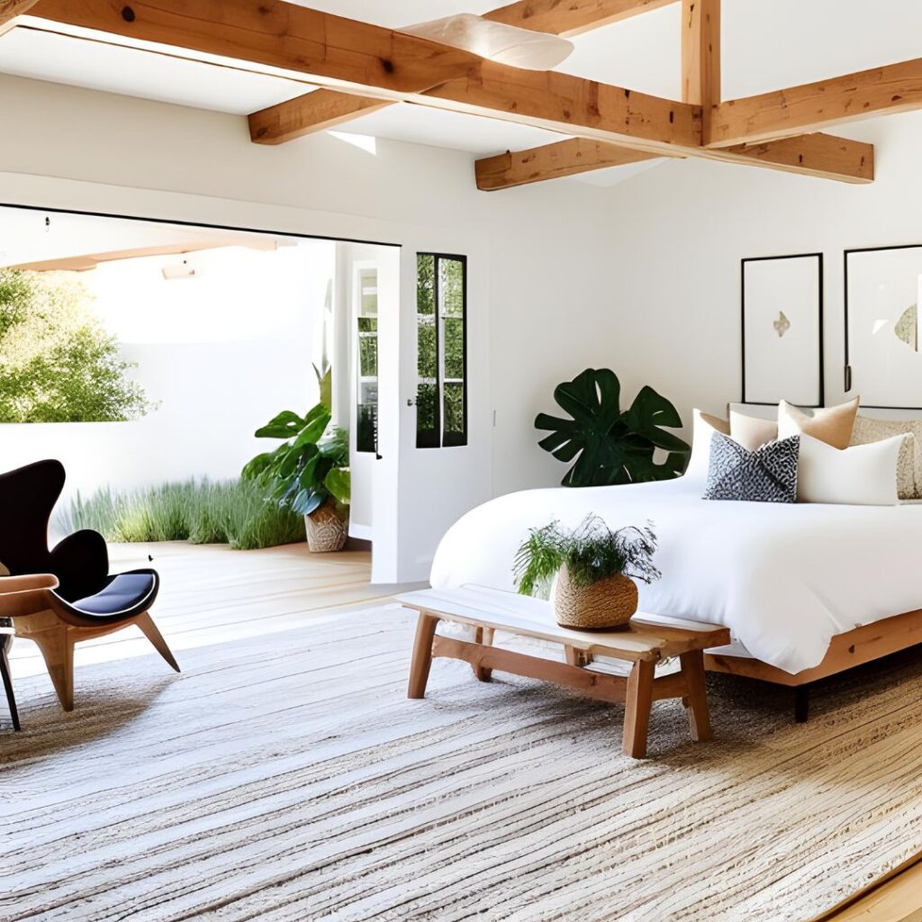 White painted walls, this bedroom opens to the outside to inside with white walls, wood beams, rug and warm wood tones