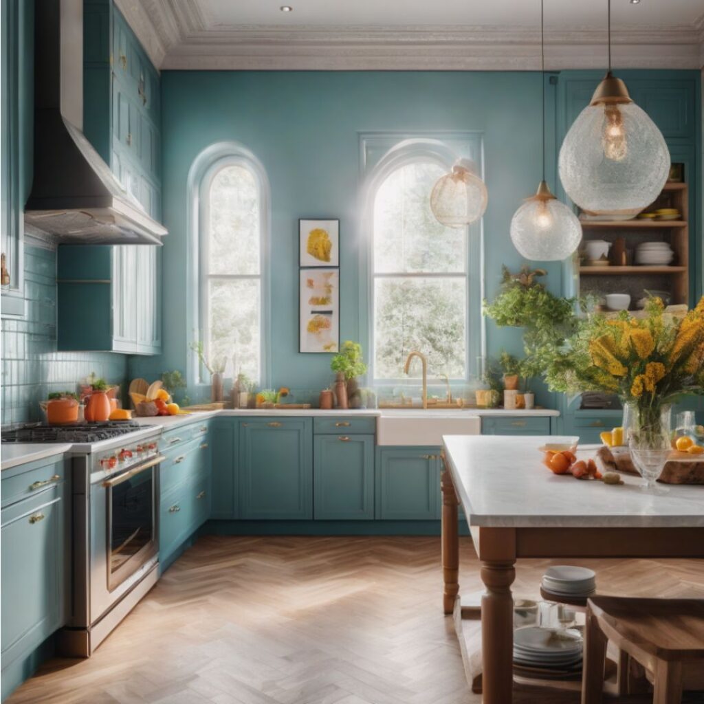 Blue painted walls, maximalist kitchen 