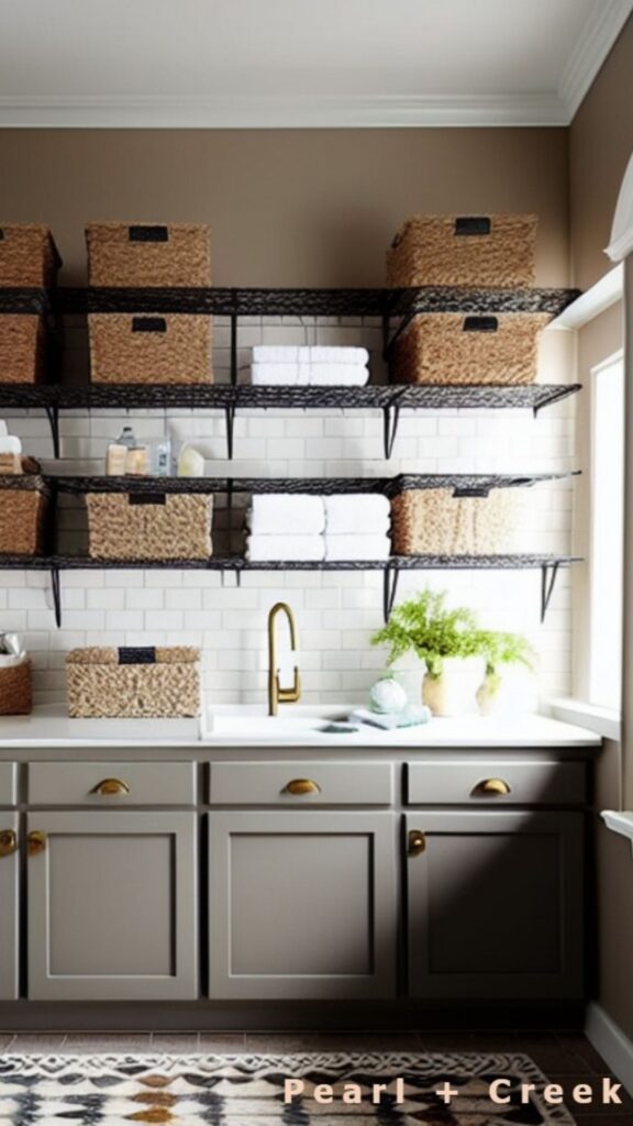 White tiled walls with taupe, brown and gray lower cabinets, white countertops and wired black open shelving. Tiled floors with a large rug and wicker baskets for more storage.