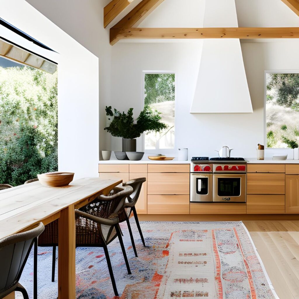 This kitchen opens to the outside to inside with white walls and warm wood tones