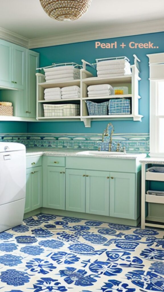 Sea blue green walls, light sea green upper and lower cabinets  green upper cabinets with tiled surround and white open shelves and blue and white ceramic floors. 