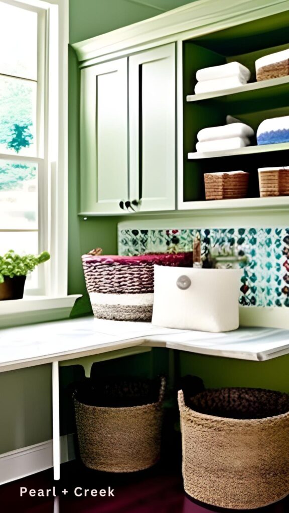 Green floral wallpapered walls with a small folding table, large wicker baskets, and green upper cabinets and wood floors. 