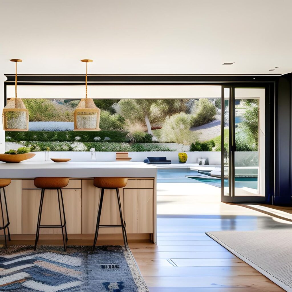 California Cool kitchen to the outside space with large windows, wood beams and floors and a light color palette.
