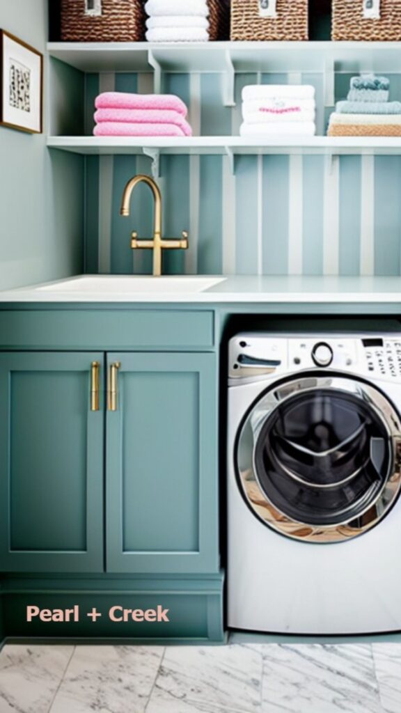 White laundry appliances with turquoise lower cabinests and open upper shelving, white sink and marble tiled floors, and striped wallpapered walls. 