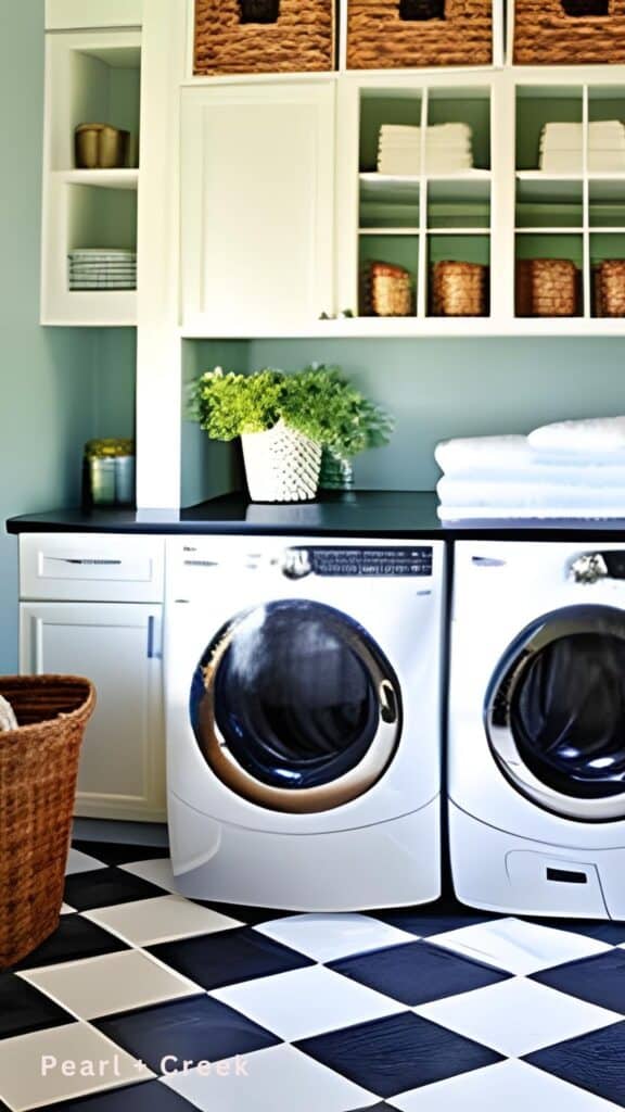 Sea green walls with white upper and lower cabinets with black countertops and classic black and white floors. 