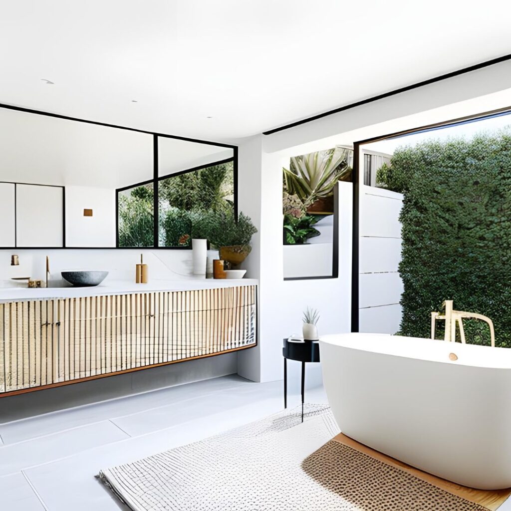 This bathroom opens to the outside to inside with white walls, black window frames and light wood tones