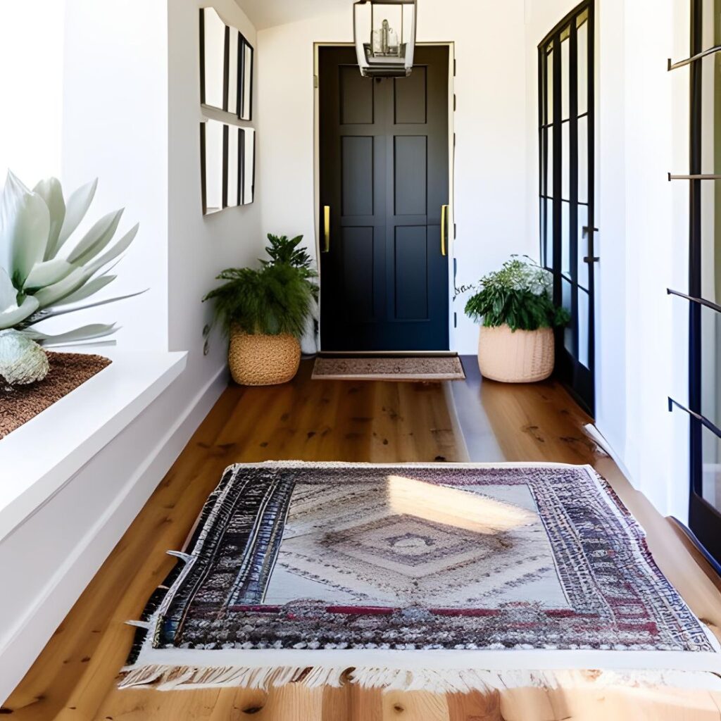 Entry hallway with white walls and warm wood tones, indoor plants and rugs