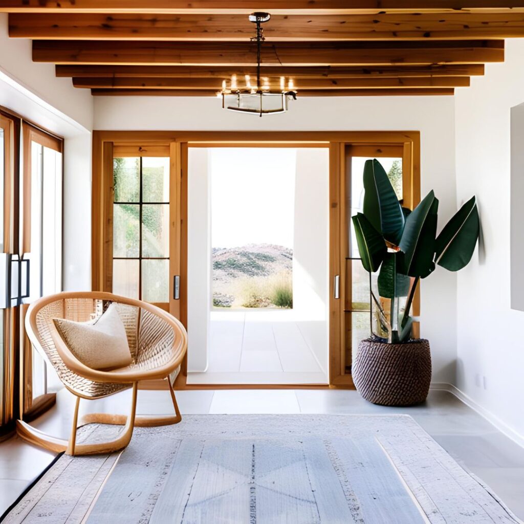 California Cool with large doors to the outside space, wood beams and floors and a light color palette.