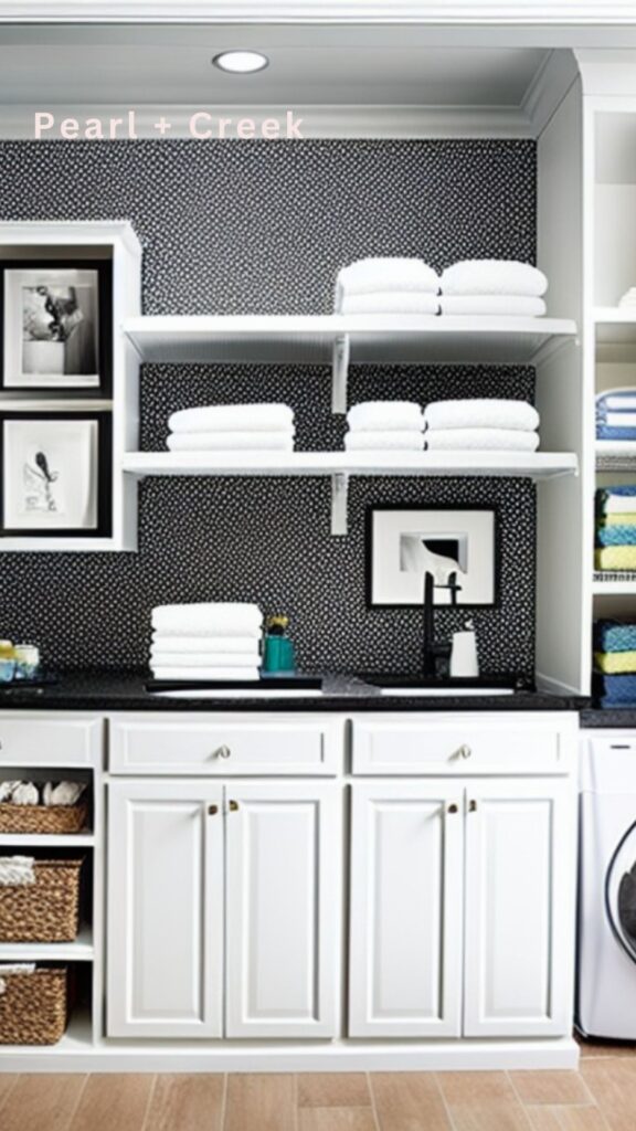 White lower cabinets and open white shelving with black and white tiled wall and black countertops and wood floors. Open shelving and add more storage.