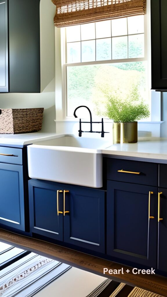 Navy lower cabinets and upper cabinets, brass handles, a white farmhouse sink and wood floors. White Countertops and white window frame.
