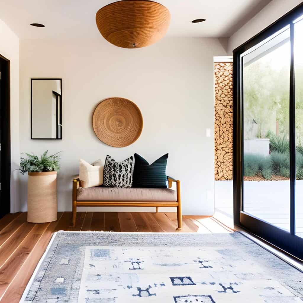 California Cool entry white walls, warm wooden bench, rattan light and wall decor 