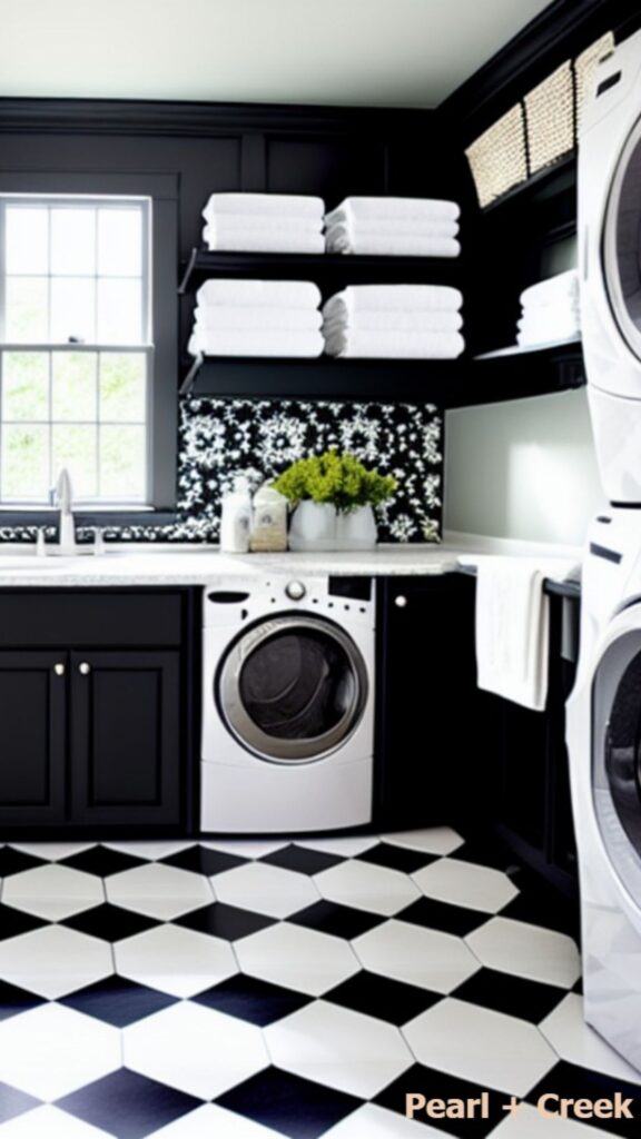 Black and white tiled walls with black and white tiled floors, black lower cabinets and upper open shelves.  Open shelving and wicker baskets add more storage.