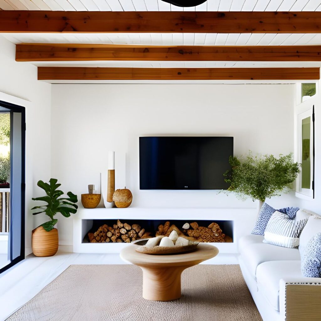 Spacious living room opening the outside to inside with white walls and warm wood tones