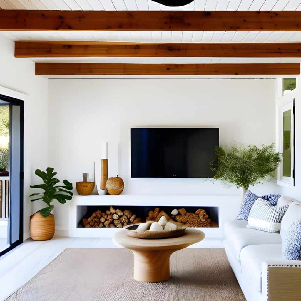 Spacious living room opening the outside to inside with white walls and warm wood tones