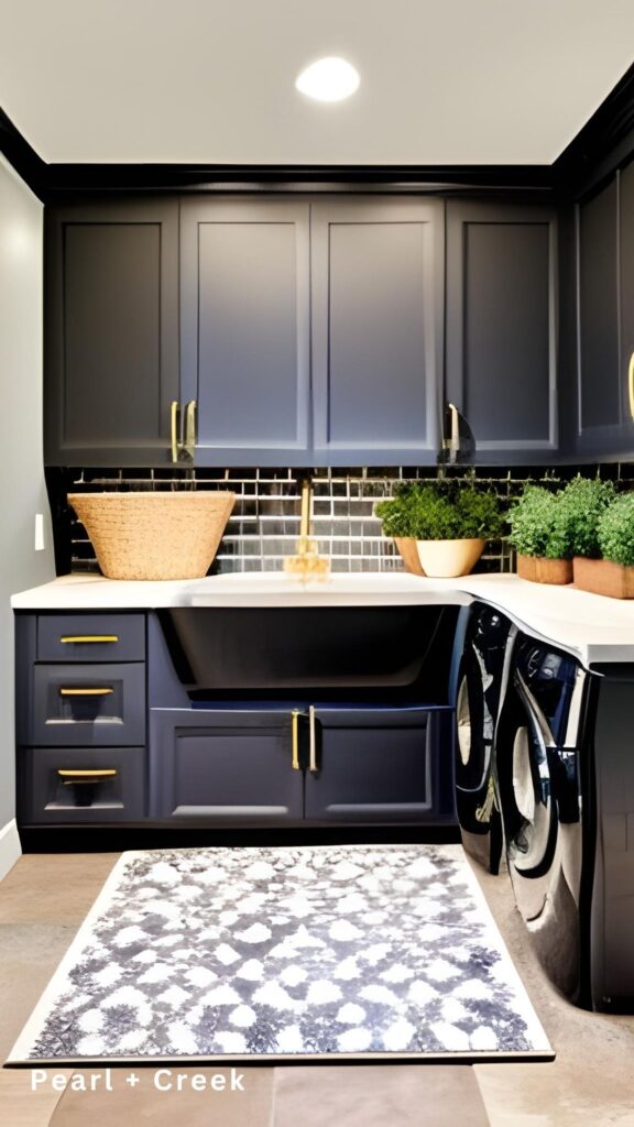 Navy lower and upper cabinets with a stone floor and white countertops ge.