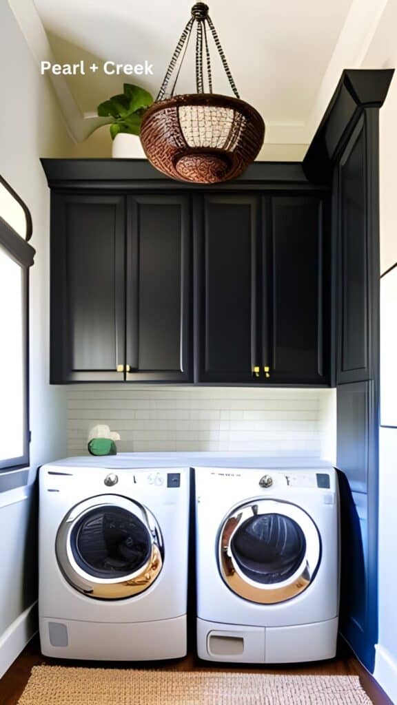 Light gray walls with dark navy lower and upper cabinets and white tiles above white appliances. Wood floors, rug and wicker lighting make the space warm inviting.