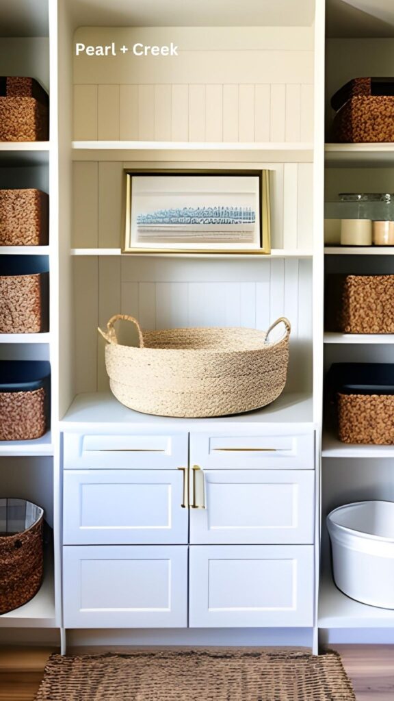 White shiplap walls with white lower cabinets, seagrass rug and wood floors. Open shelving and wicker baskets add more storage.