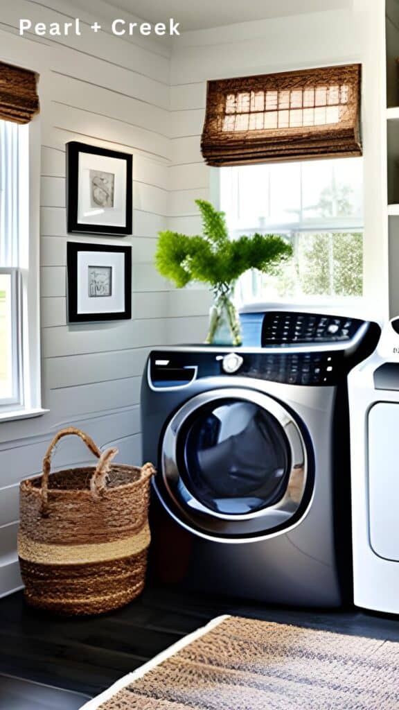 White shiplap walls with white lower cabinets and open upper cabinets with a seagrass rug and wood floors. Open shelving and wicker baskets add more storage.