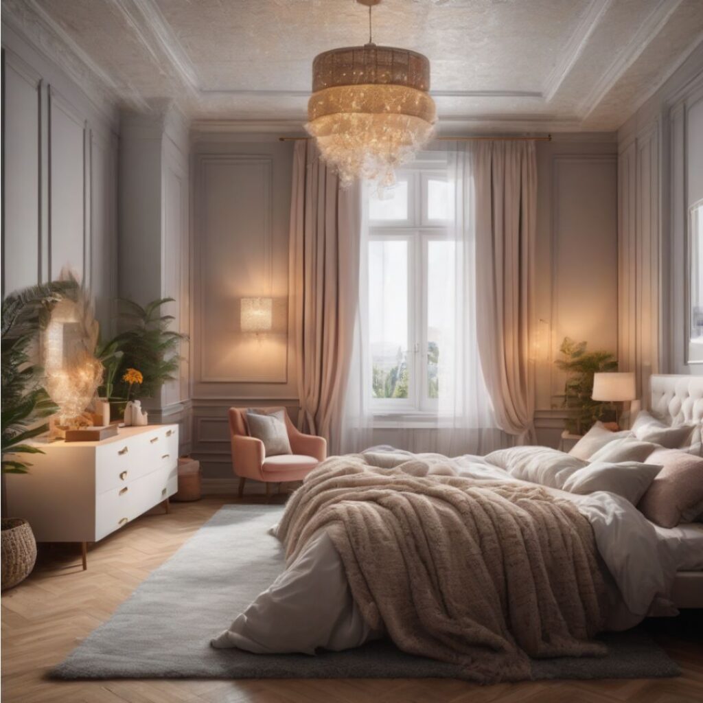 Maximalist bedroom in soft tones