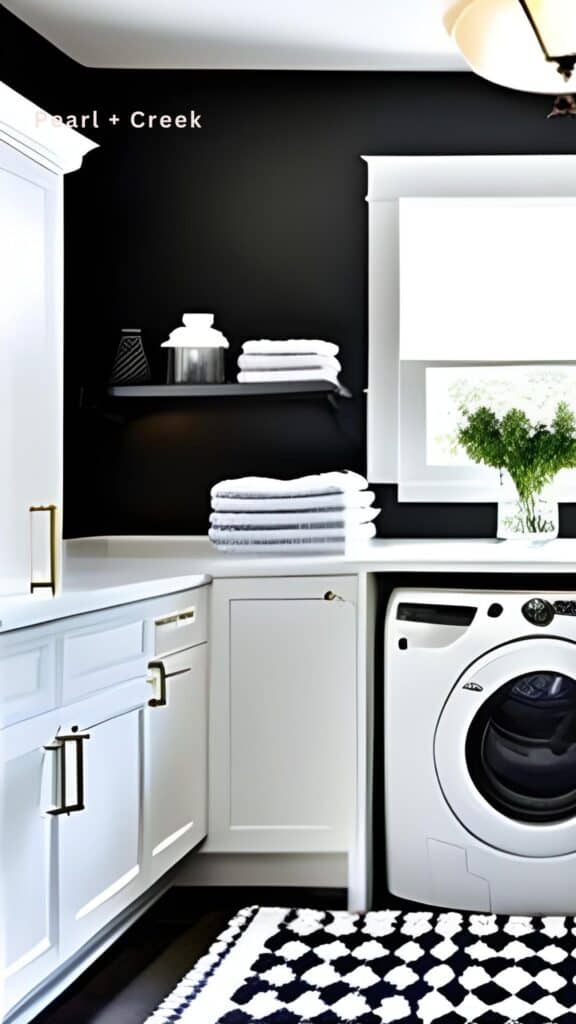 Black walls with white lower and upper cabinets with white window frame. Black and white floor rug add to this classic design.