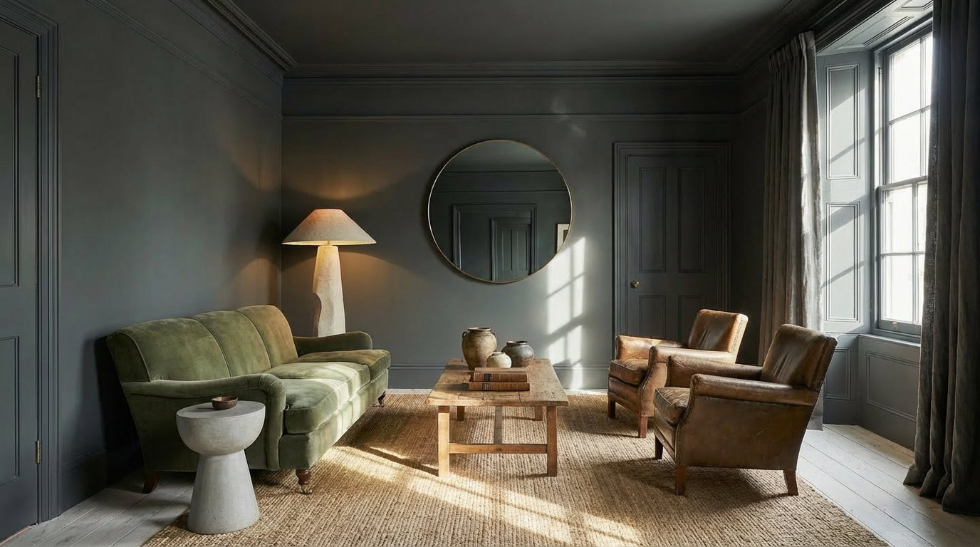 Elegant living room with vintage furniture and soft natural lighting color drenched in matt gray.