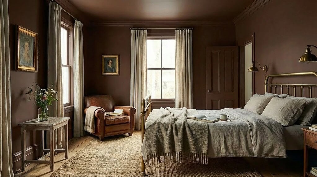 Bright and inviting bedroom featuring large windows and soft neutral tones. Color drenched in chocolate for relaxing.