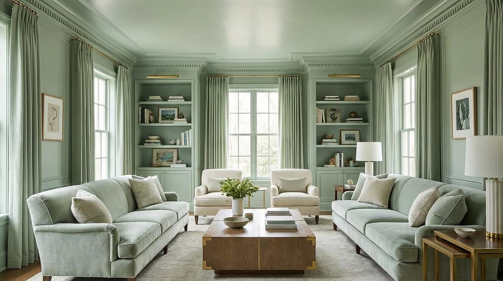 Bright, inviting color drenched living room featuring sage green walls, plush sofas, and natural light.