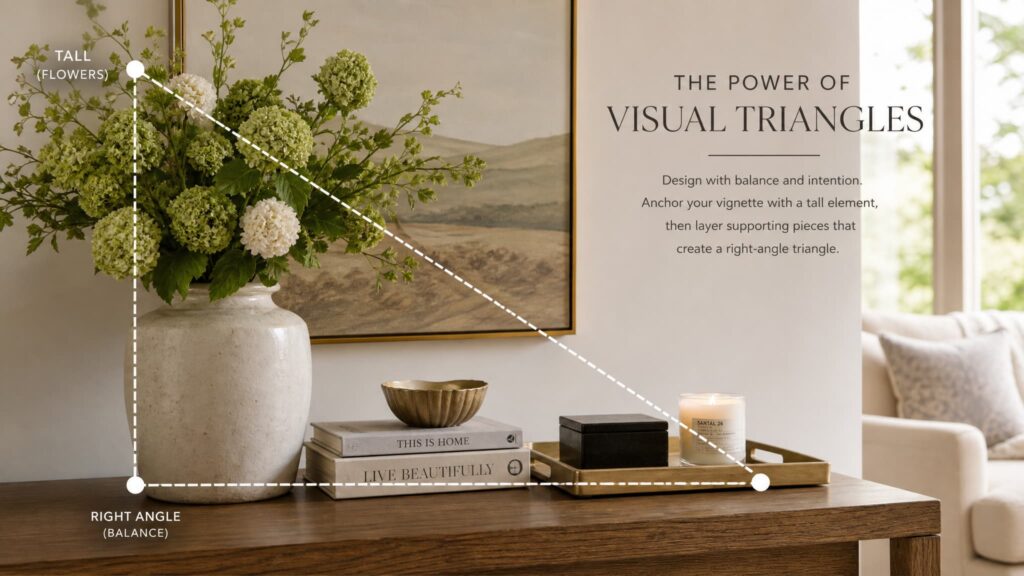Side table styling using fake or fresh flowers.