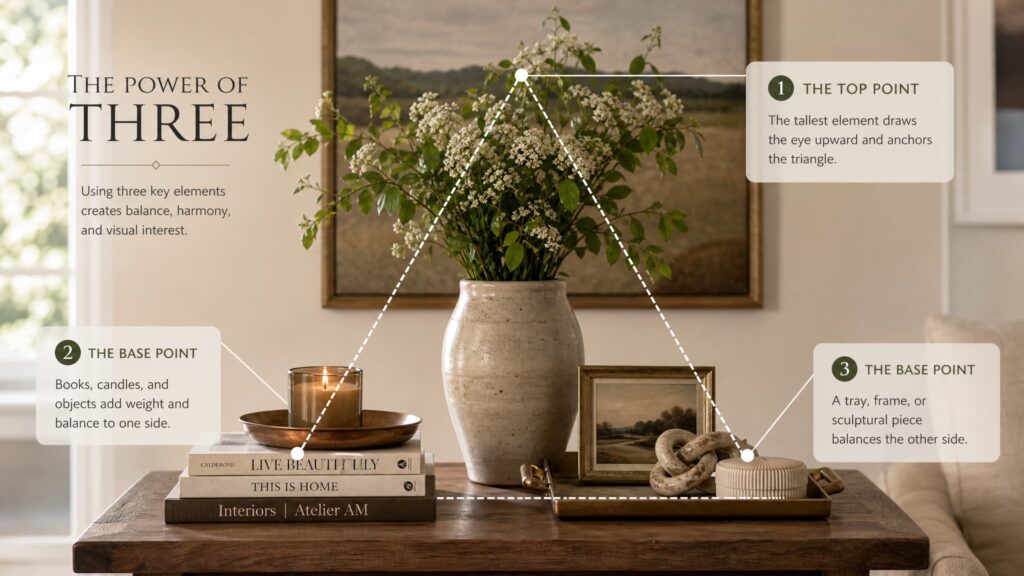 The power of three and the visual triangle are great console table styling tools.