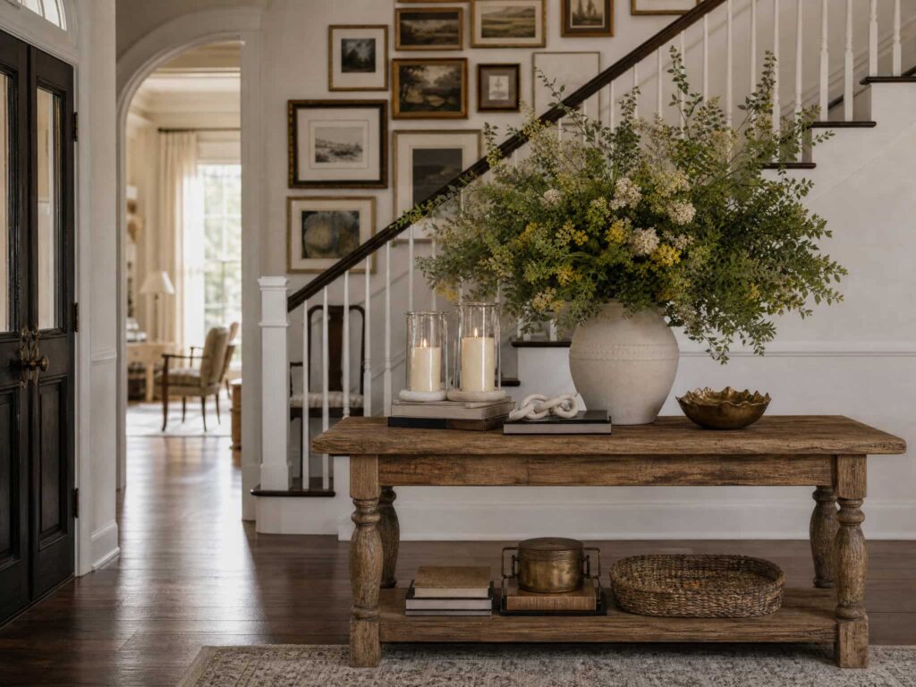 Entryway table decor using the floral first rule.