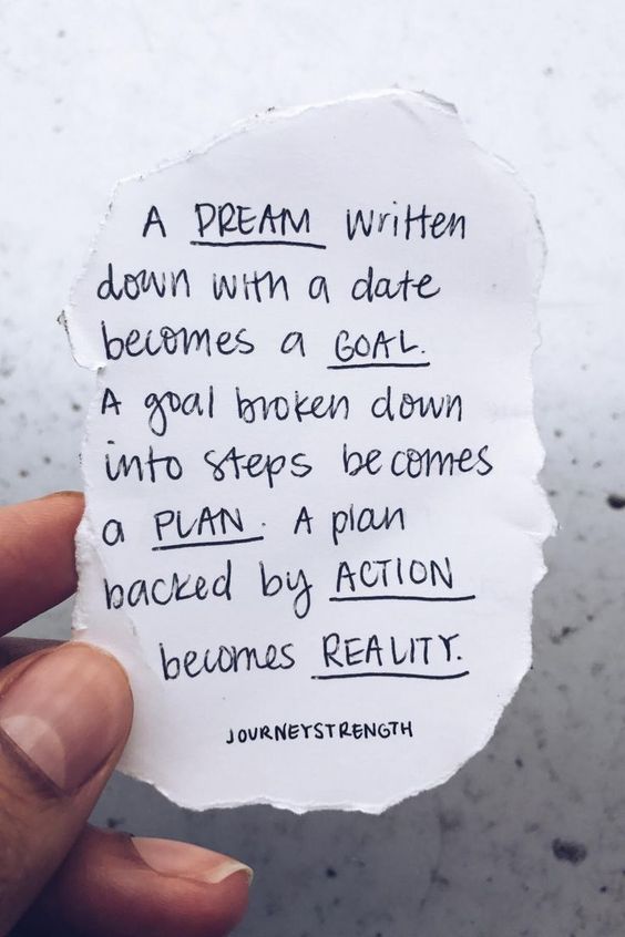 a dream written down with a date becomes a goal. A goal broken down into steps becomes a plan. A plan backed by action becomes reality. | Motivational quotes | #Dream | #Goal | Do the work | Dream big quotes | Quotes about dreams