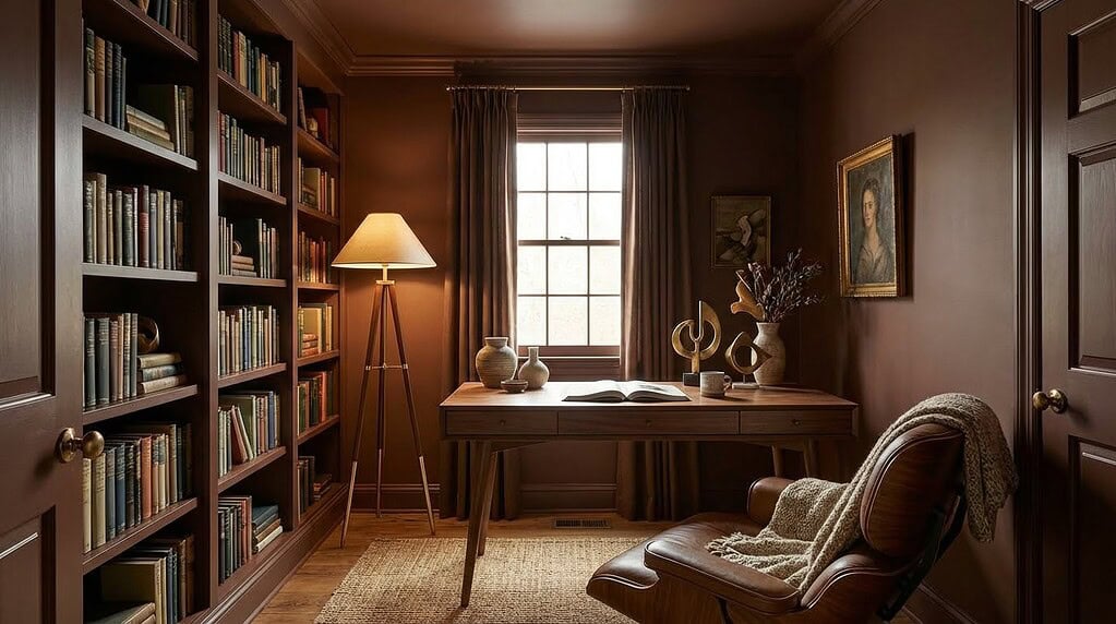 Color drenched in chocolate brown home office featuring a large bookshelf and warm lighting.