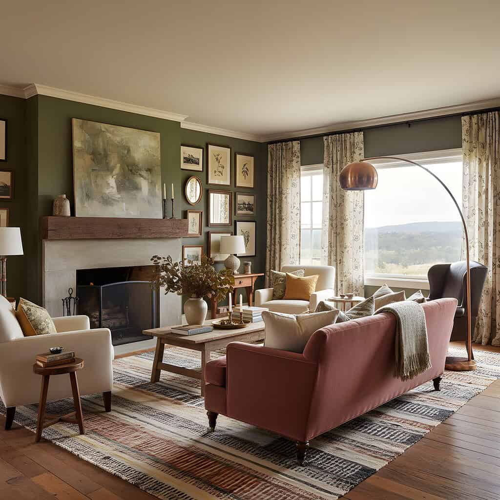 Blush pink sofa in a living room with a fireplace, gallery wall, patterned rug, and large windows overlooking rolling hills and countryside.