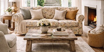 Floral upholstered sofa in a light-filled living room with open French doors leading to a garden, styled with neutral cushions, a rustic coffee table, and a fireplace.