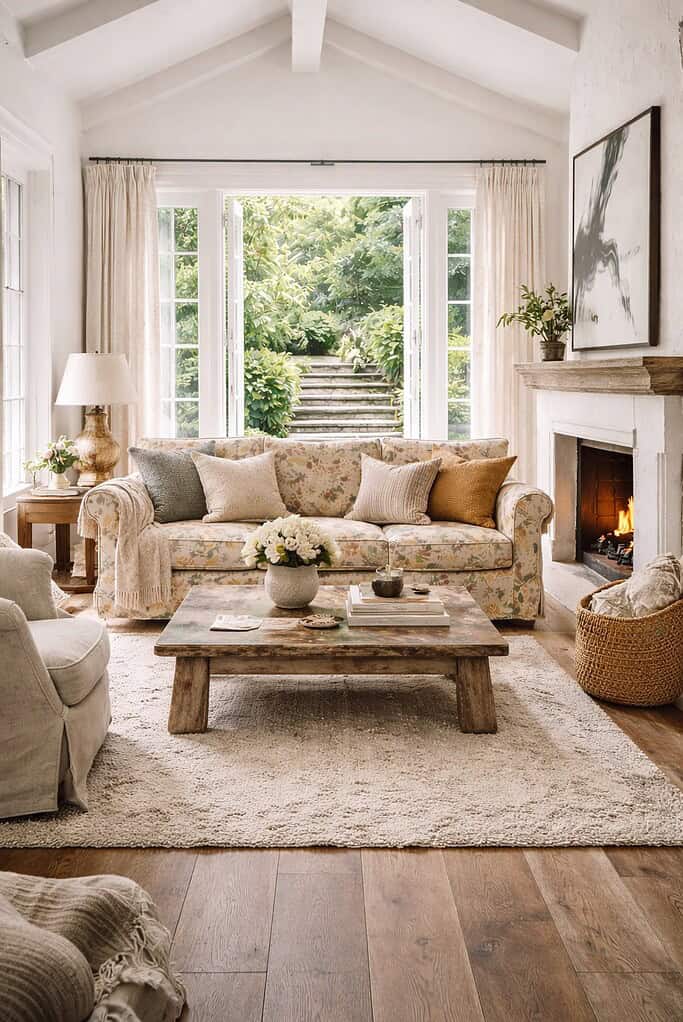 Floral upholstered sofa in a light-filled living room with open French doors leading to a garden, styled with neutral cushions, a rustic coffee table, and a fireplace.