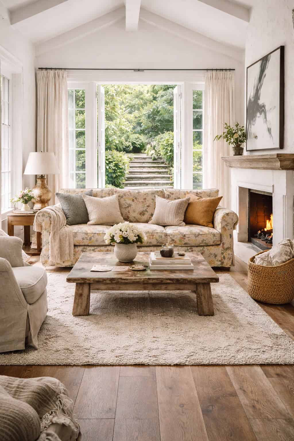 Floral upholstered sofa in a light-filled living room with open French doors leading to a garden, styled with neutral cushions, a rustic coffee table, and a fireplace.