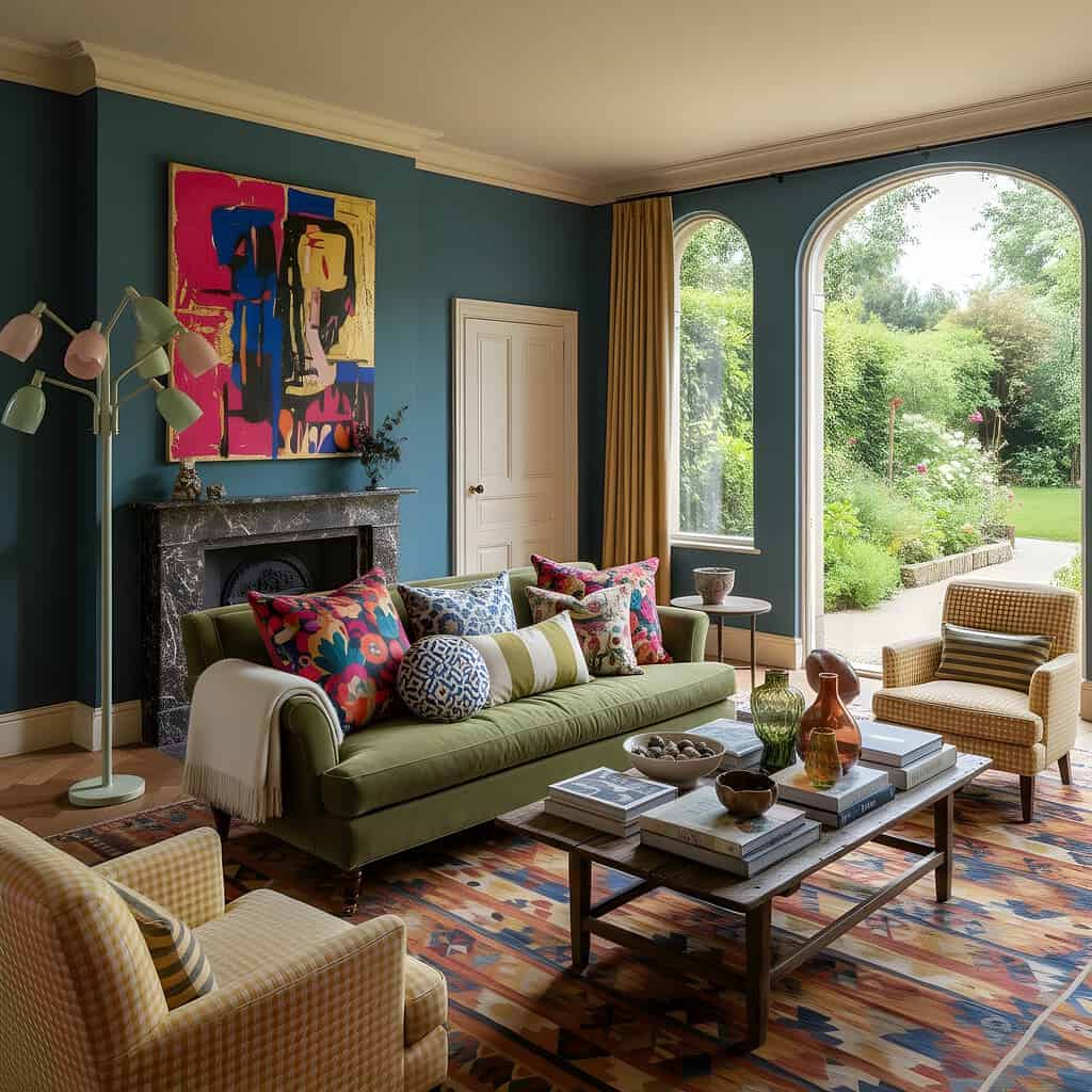 Green sofa styled with colourful patterned cushions in a living room with teal walls, bold artwork, arched windows, and a layered patterned rug.