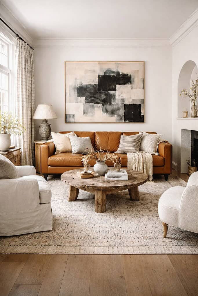 an leather sofa in a modern living room with a large abstract artwork, round wooden coffee table, fireplace, and neutral layered seating.