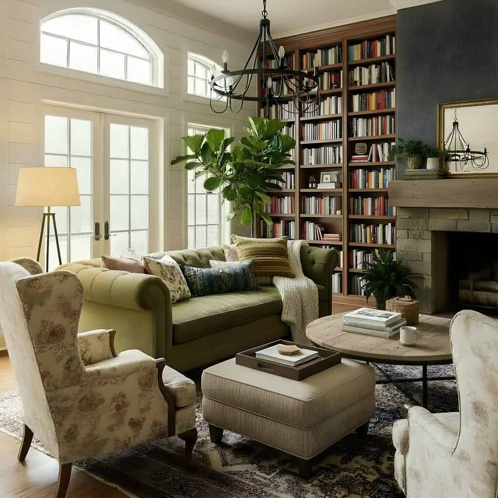 Green velvet sofa in a living room with built-in bookshelves, a chandelier, layered cushions, and a round coffee table, styled in a warm, classic-modern palette.