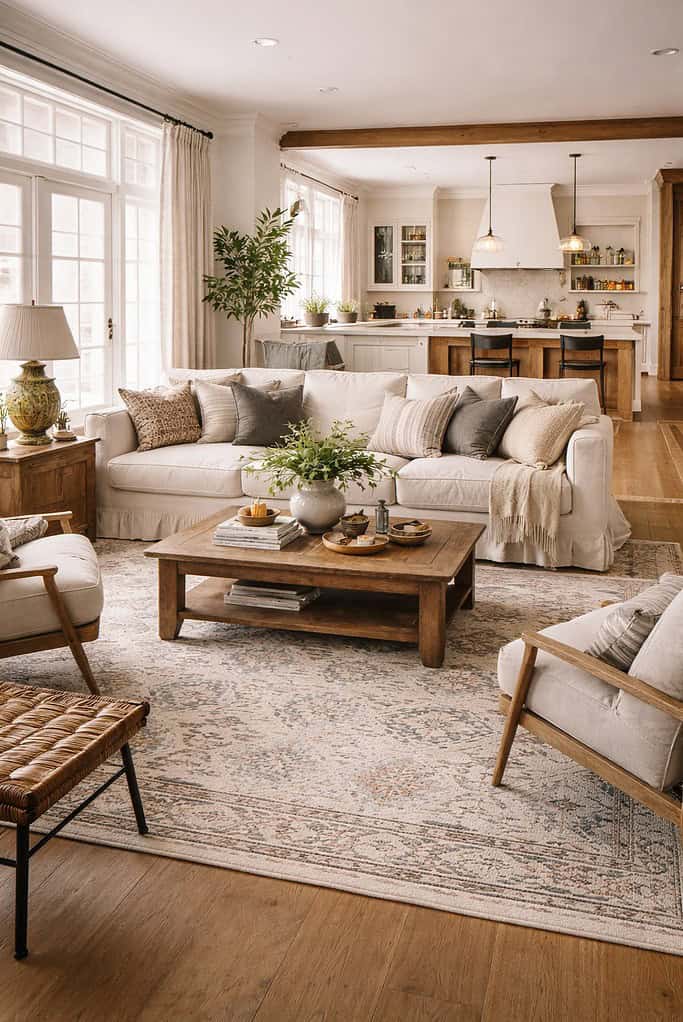 White sofa in an open-plan living room flowing into a kitchen, styled with neutral cushions, timber furniture, and soft natural light.