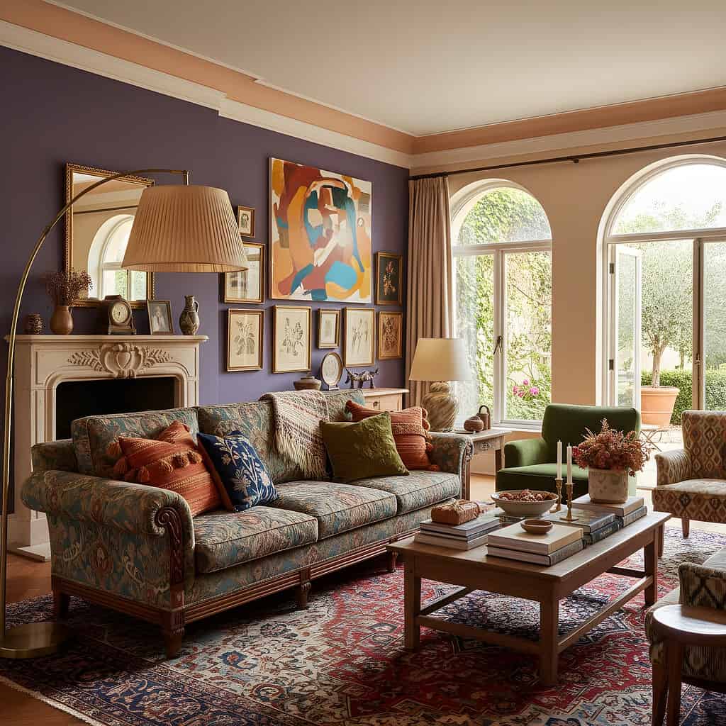 Patterned sofa in a character-filled living room with framed artwork, a fireplace, arched windows, and layered rugs and textiles.