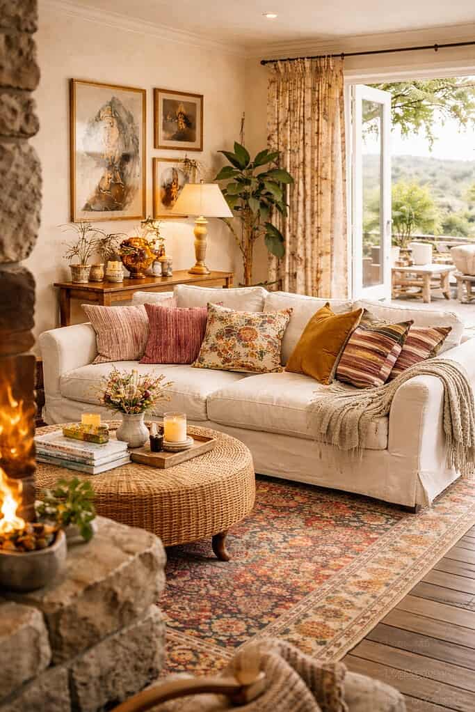 White sofa in a cosy living room with a stone fireplace, layered cushions, a woven coffee table, and open doors leading to an outdoor terrace.